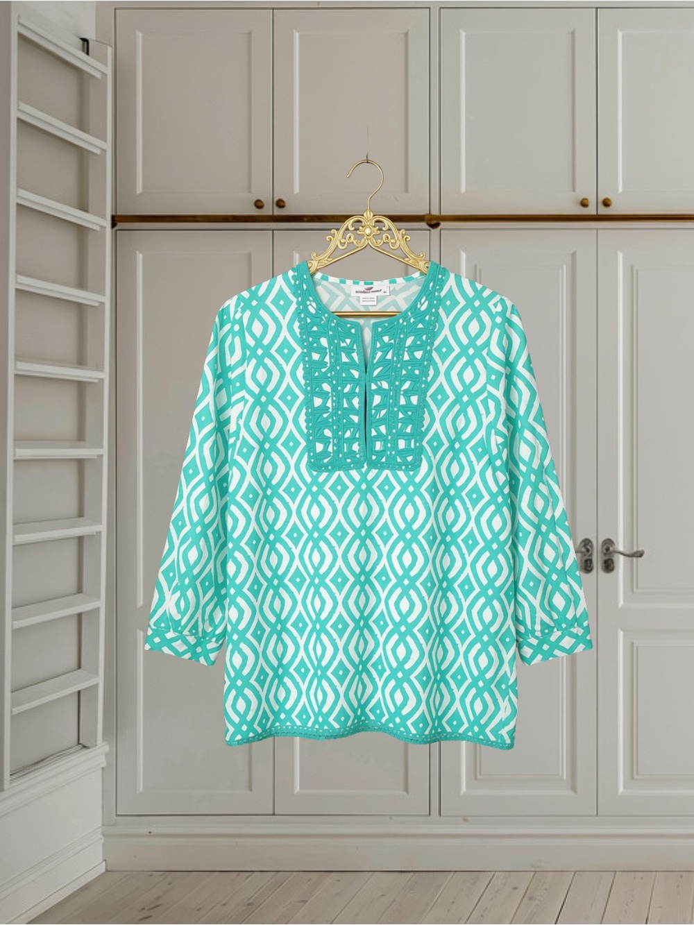 Vineyard Vines Teal White Geometric Embroidered Tunic Top Size Small